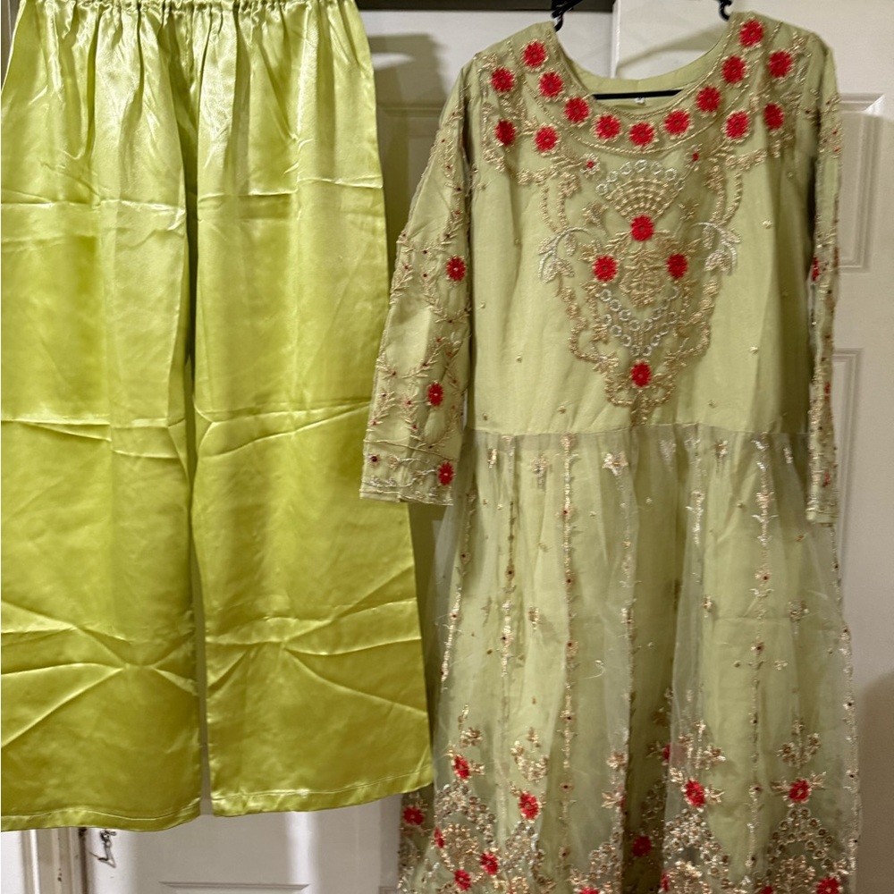 Elegant Green and Red Embroidered Dress Set